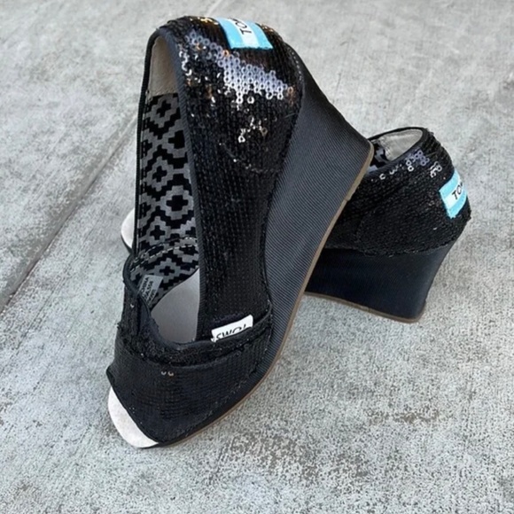 Tom’s Black Sequin Wedges - Picture 2 of 3